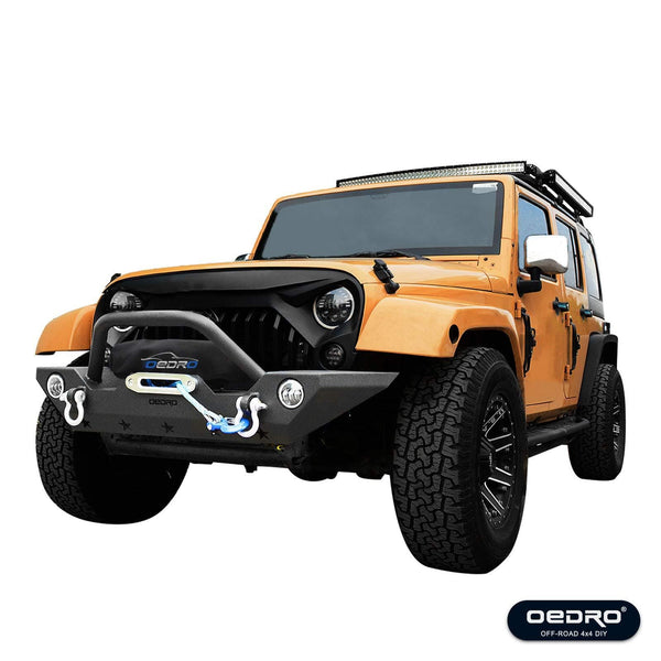 OEDRO Front Bumper Combo Compatible for 07-18 Jeep Wrangler JK & Unlimited with Winch Plate Mounting & 2 D-Rings, Upgraded Textured Black Rock Crawler Off Road Star Guardian Design