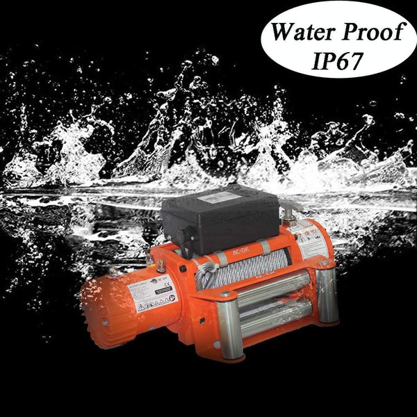 AC-DK 13500 lbs Electric Winch 12V DC Water Proof IP67 Recovery Winch with Steel Wire Rope Orange Color Come with Overload Protection Winch Dust Cover and 2 Wireless Remotes