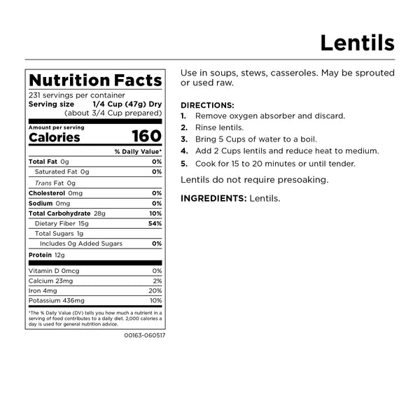 Augason Farms Lentil Beans Emergency Bulk Food Storage 4 Gallon Pail 231 Servings