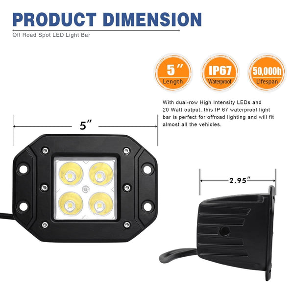 Flush Mount LED Light Bar YITAMOTOR 4Pcs 20W 4Inch Led Light Pods Spot Offroad Led Work Light Bar Driving Fog Light Boat Light Waterproof Pickup Truck Tacoma Bumper ATV UTV 12V,1 Year Warranty