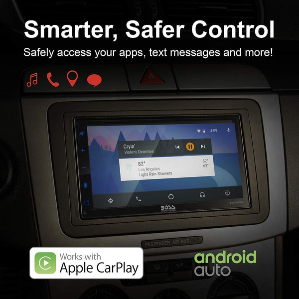 BOSS Audio BVCP9685A Apple Carplay Android Auto Car Multimedia Player - Double Din Car Stereo, 6.75 Inch LCD Touchscreen Monitor, Bluetooth, MP3 Player, USB Port, A/V Input, Am/FM Car Radio