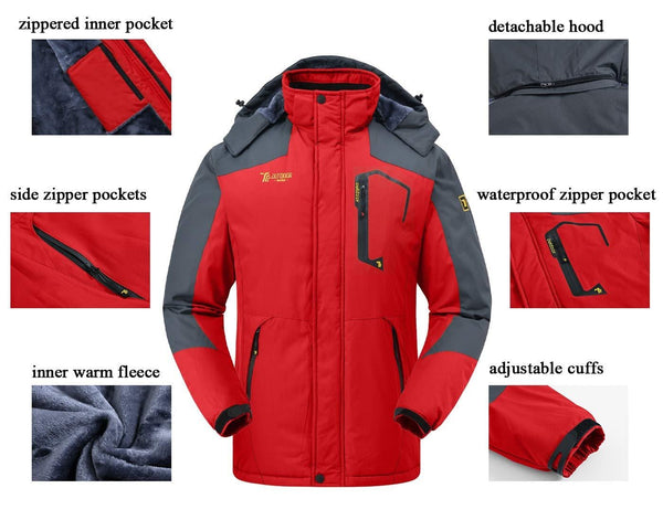 JINSHI Men's Snow Jacket Waterproof Ski Jackets Winter Hooded Mountain Fleece Jacket (Red,L)