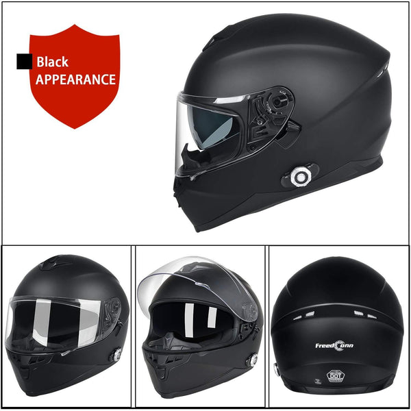 Bluetooth Integrated Motorcycle Helmet, FreedConn DOT Full Face BM12 Communication System Motorcycle Helmet with 500m FM radio/ MP3, 2-3 Riders Pairing Intercom (Matte Black, XL)