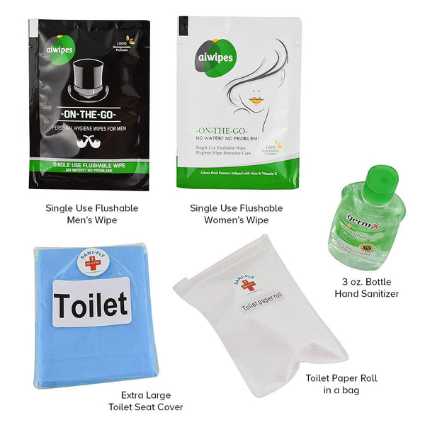 Sani-Fly Seat Sanitation Travel Kit OCD Cleaning Kit for Planes, Trains & Automobiles with Disinfecting, Sanitizing & Hygiene Wipes, Eye Mask, Neck Pillow, Tray & Headrest Covers, Rubber Gloves & More