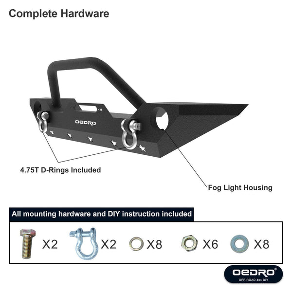 OEDRO Front Bumper Combo Compatible for 07-18 Jeep Wrangler JK & Unlimited with Winch Plate Mounting & 2 D-Rings, Upgraded Textured Black Rock Crawler Off Road Star Guardian Design