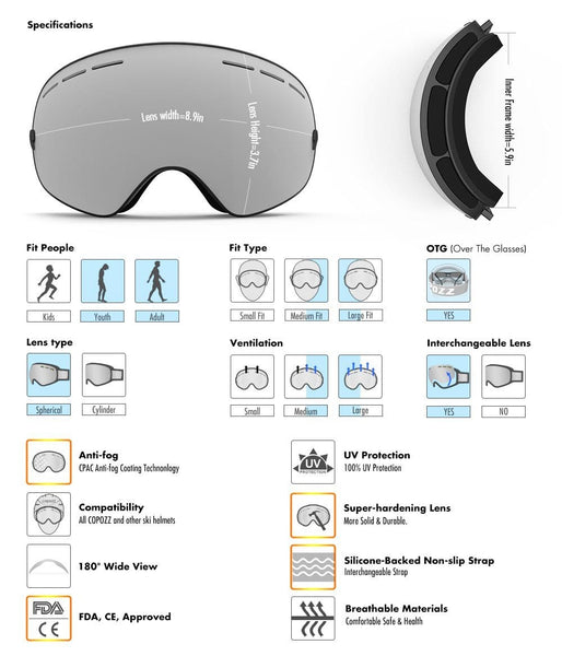 COPOZZ Ski Goggles, G1 Mens Womens Ski Snowboard Snowboarding Goggles - Over Glasses Double-Layer Lens Anti Fog Frameless,Cool REVO Mirror White Blue for Men Women Youth Snowmobile Skiing