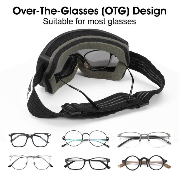 ALLROS OTG Ski Goggles Snowboard Goggles, 100% UV400 Protection Anti-Fog Lens Snow Goggles, Helmet Compatible for Men & Women