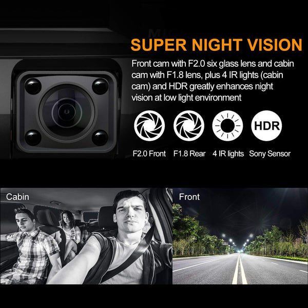 Pruveeo C2 Dash Cam with Infrared Night Vision, Dual 1080P Front and Inside, Dash Camera for Cars Uber Truck Taxi