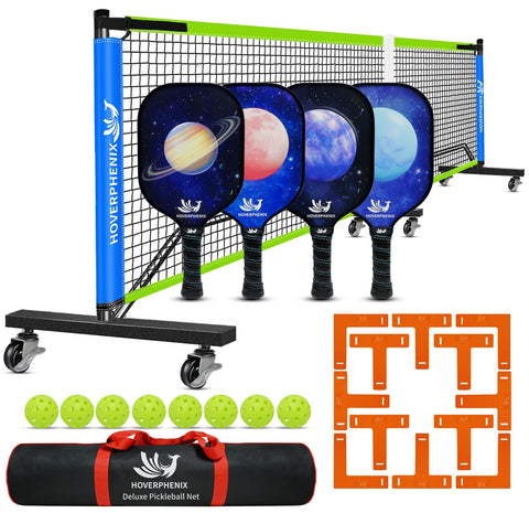 Portable Pickleball Net Set with Wheels, 22ft Regulation Size Pickleball Net System with 4 Fiberglass Paddles, 8 Outdoor Pickleball Balls and Carry Bag for Backyard and Driveway