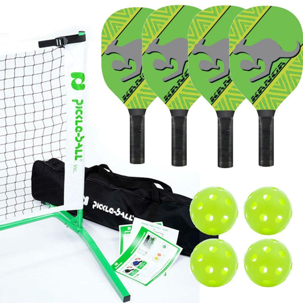 Kanga Pickleball Paddle, Portable Net and Ball Set (Includes Metal Frame + Net + 4 Kanga Wood Paddles + 4 Balls + Rules Sheet in Carry Bag) (3.0 - Green) [product _type] PickleballCentral - Ultra Pickleball - The Pickleball Paddle MegaStore