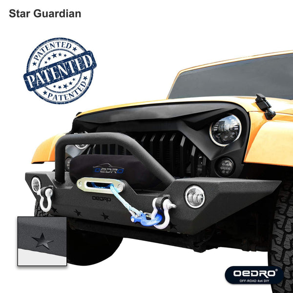 OEDRO Front Bumper Combo Compatible for 07-18 Jeep Wrangler JK & Unlimited with Winch Plate Mounting & 2 D-Rings, Upgraded Textured Black Rock Crawler Off Road Star Guardian Design