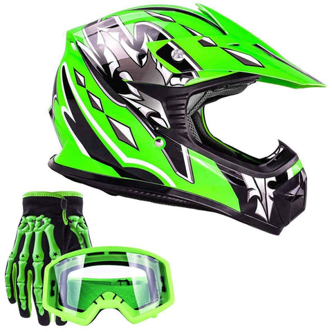 Typhoon Youth Kids Offroad Gear Combo Helmet Gloves Goggles DOT Motocross ATV Dirt Bike MX Motorcycle Green (Medium)
