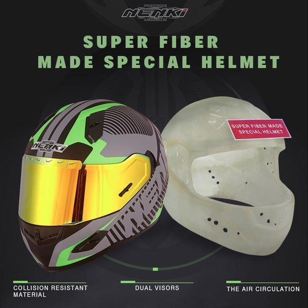 NENKI Helmets NK-856 Full Face Motorcycle Helmets DOT Approved With Iridium Red Visor and Inner Sun Shield,Fiberglass Shell (L,Matt Black & Green)