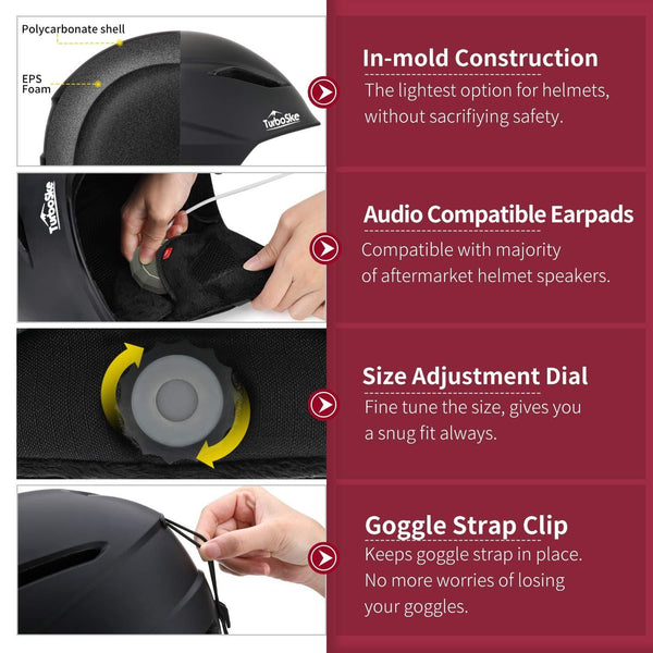 TurboSke Ski Helmet, Snowboard Helmet Snow Sports Helmet, Audio Compatible Helmet for Men, Women and Youth (M, Black)