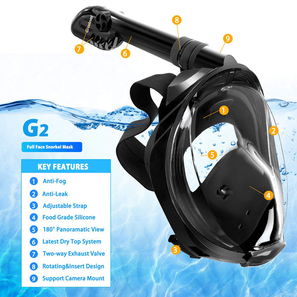 Greatever G2 Full Face Snorkel Mask with Latest Dry Top System,Foldable 180 Degree Panoramic View Snorkeling Mask with Camera Mount,Safe Breathing,Anti-Leak&Anti-Fog