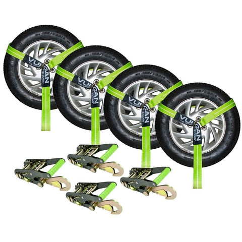 VULCAN High-Viz 2 Inch x 96 Inch Lasso Auto Tie Down with Snap Hooks - 3300 lbs. Safe Working Load, 4 Pack - Easily Trailer Any Car, Truck, SUV, Jeep, Or Sportscar