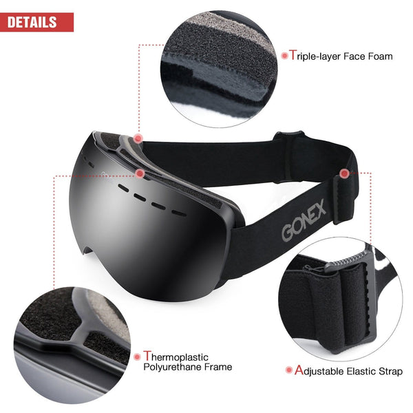 Gonex Oversized Ski Snow Goggles Anti-Fog UV Protection with Frameless Double Spherical Lens for Skiing Snowboard Skate Winter Sports+ Goggle Case(Black Lens)