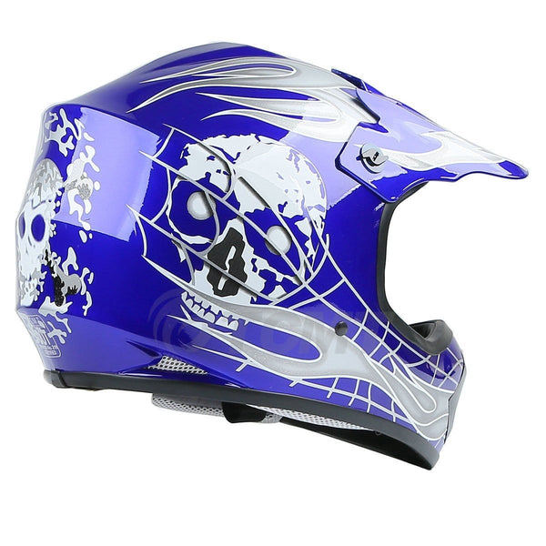 TCMT Dot Youth & Kids Motocross Offroad Street Helmet Blue Skull Motorcycle Youth Helmet Dirt Bike Motocross ATV Helmet+Goggles+Gloves L