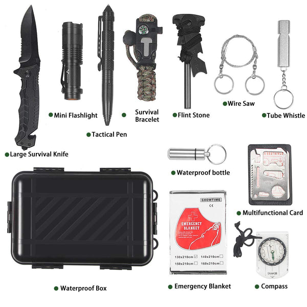 VF DONGFANG Survival kit,12in1 Survival Gear Gift for Him Men Husband Dad Boyfriend Boys，First aid kit for Hiking/Emergency kit.Survival Bracelet/Emergency Blanket/Tactical Flashlight-Camping Gear