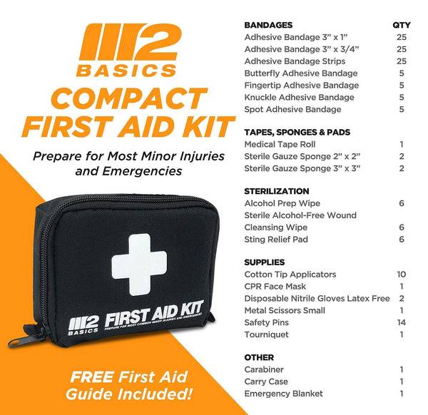 M2 BASICS 150 Piece First Aid Kit w/Compact Bag, Carabiner, Emergency Blanket | Free First Aid Guide | Emergency Medical Supply | Full of Supplies for Home, Office, Outdoors, Car, Camping, Travel