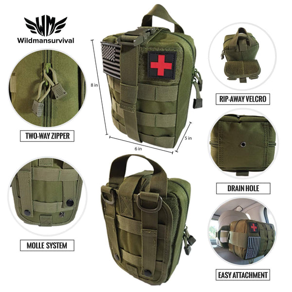 WildmanSurvival 313 pcs. Survival First Aid Kit IFAK Molle System Compatible Outdoor Gear Emergency Kits Trauma Bag for Camping Hunting Hiking Home Boat Car Earthquake and Adventures (GREEN)