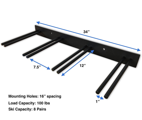 StoreYourBoard Ski Wall Storage Rack, Holds 8 Pairs, Steel Home and Garage Skis Mount