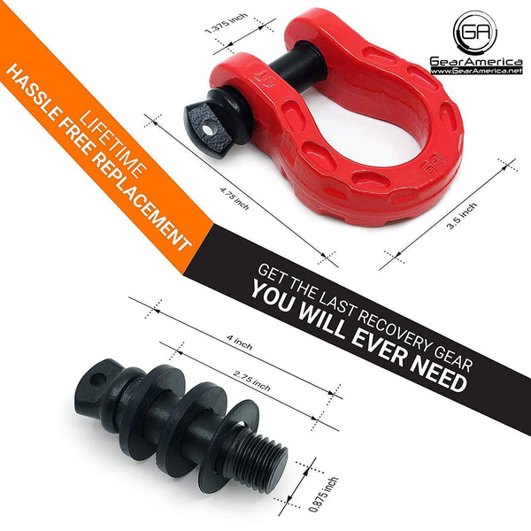 GearAmerica Mega Duty D Ring Shackles Red (2PK) | 68000 lbs (34 Ton) Tested Strength | 3/4" Shackle + 7/8 Pin + Washers| Securely Connect Tow Strap or Winch Rope to your Jeep for Off-Road 4x4 Recovery