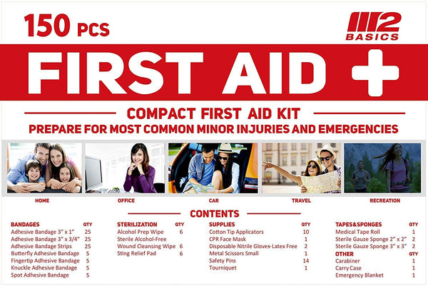 M2 BASICS 150 Piece First Aid Kit w/Compact Bag, Carabiner, Emergency Blanket | Free First Aid Guide | Emergency Medical Supply | Full of Supplies for Home, Office, Outdoors, Car, Camping, Travel