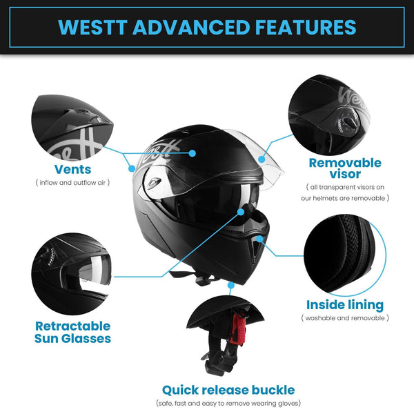 Westt Torque Motorcycle Helmet - Modular Flip Up Helmet for Motorcycle Scooter Moped DOT Certified (Matte Black)