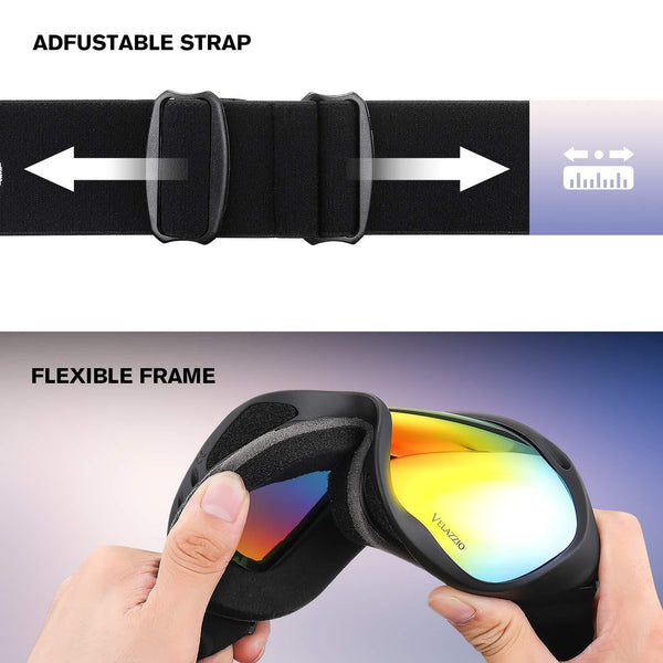 VELAZZIO Ski Goggles, Snowboard Goggles - Spherical Double Layer Anti-Fog 100% UV Protective Lens, Hydrophobic and Oleophobic Coating, Helmet Compatible, Medium Fit Snow Sports Goggles Men & Women