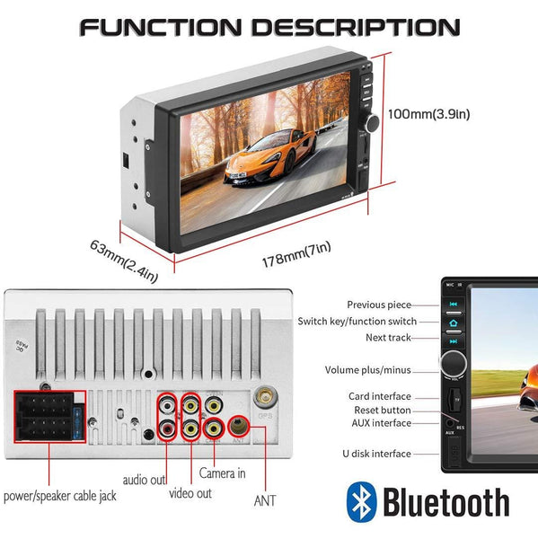 Double Din Car Stereo,TouchScreen Car MP5/4/3 Player with Rear-View Camera,FM Radio Receiver, Bluetooth Audio and Calling, Mirror Link,Support Steering Wheel Remote Control,Support Android & iPhone
