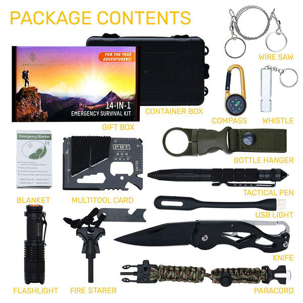 Oak Dweller Emergency Survival Kit 14 in 1, EDC Survival Gear Tool with Fire Starter, Tactical Pen, Flashlight, for Camping, Hiking, any Outdoor Adventure or Wilderness, Best Gifts for Men Husband Dad