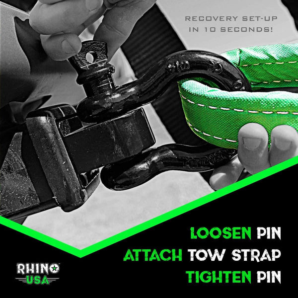 RHINO USA COMBO Recovery Tow Strap (20ft) & Shackle Hitch Receiver - Lab Tested 31,518lb Break Strength - Heavy Duty Draw String bag Included - Triple Reinforced Loop End to Ensure Peace of Mind