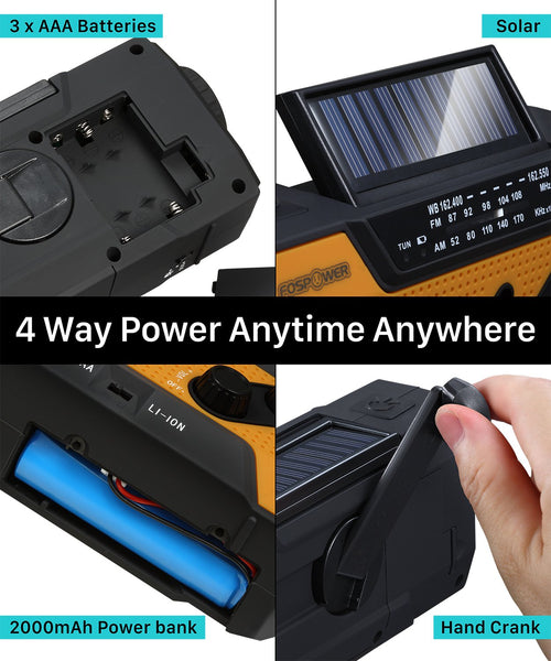 FosPower Emergency Solar Hand Crank Portable Radio, NOAA Weather Radio for Household and Outdoor Emergency with AM/FM, LED Flashlight, Reading Lamp, 2000mAh Power Bank USB Charger and SOS Alarm