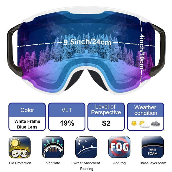 Extra Mile Ski Goggles, OTG Over Glasses Snow Sports Goggles Snowboard Snowmobile Skate Motorcycle Riding, Dustproof Scratch Resistant, Double Anti Fog UV400 Helmet Compatible Men Women Youth Unisex