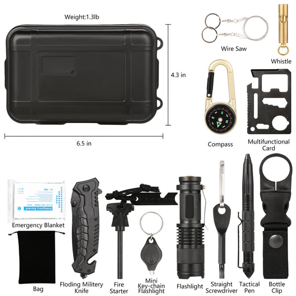 Puhibuox Emergency Survival Kit, 14 in 1 Survival Gear Kit Gift for Men Him, Tactical Defense Equitment Tool for Camping, Hiking, Hunting, Adventure Accessories