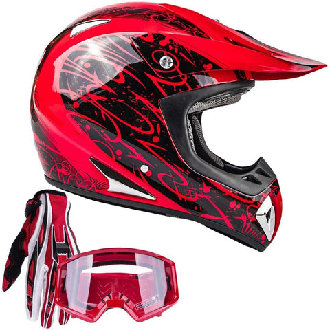 Typhoon Adult ATV MX Helmet Goggles Gloves Gear Combo Red with Red (XL)