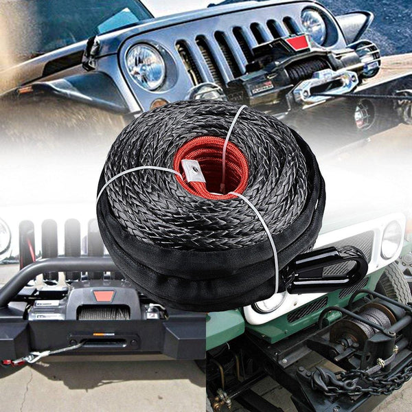 Anzio Set 92ft X 1/2 Inch 22000LBS Black Synthetic Winch Rope Line Cable w/Protective Sleeve + Red 28000 lbs 4X4 Half-Link Clevis Safety Latch Swivel Winch Hook Jeep Wrangler