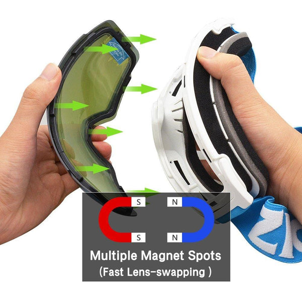 ZIONOR X4 Ski Snowboard Snow Goggles Magnet Dual Layers Lens Spherical Design Anti-Fog UV Protection Anti-Slip Strap for Men Women (VLT 13.67% Light White Frame Grey Revo Blue Lens)