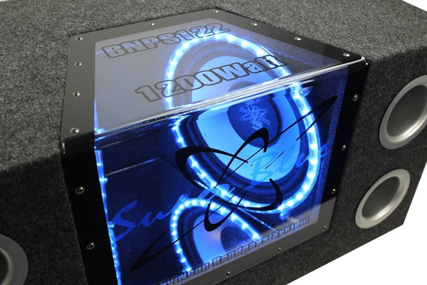 1000W Dual Bandpass Speaker System - Car Audio Subwoofer w/ Neon Accent Lighting, Plexi-Glass Front Window w/ 4 Tuned Ports, Silver Polypropylene Cone & Rubber Edge Suspension - Pyramid BNPS102