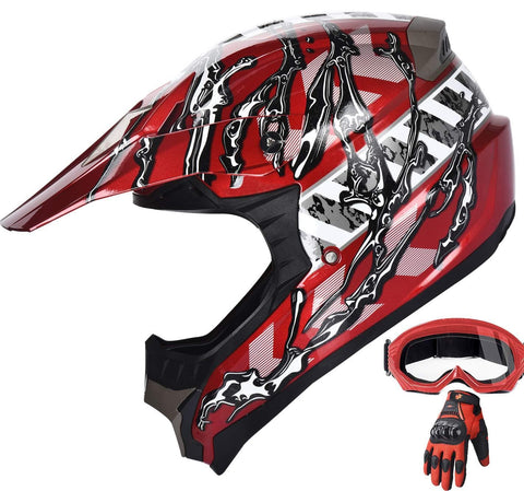 X4 Helmet Adult ATV Off Road Quad MX Motocross Dirt Bike Mountain Bike Helmet Combo With Goggles and Gloves (151 Red, M)