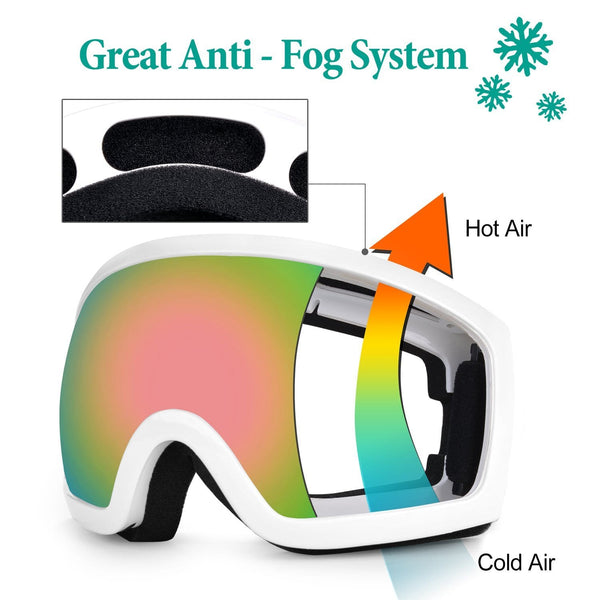 General OTG Ski Goggles for Adult, Double Anti-Fog Lenses with UV400 Protection, ODOLAND S2 Goggles for Snowboarding Skating Sledding, White