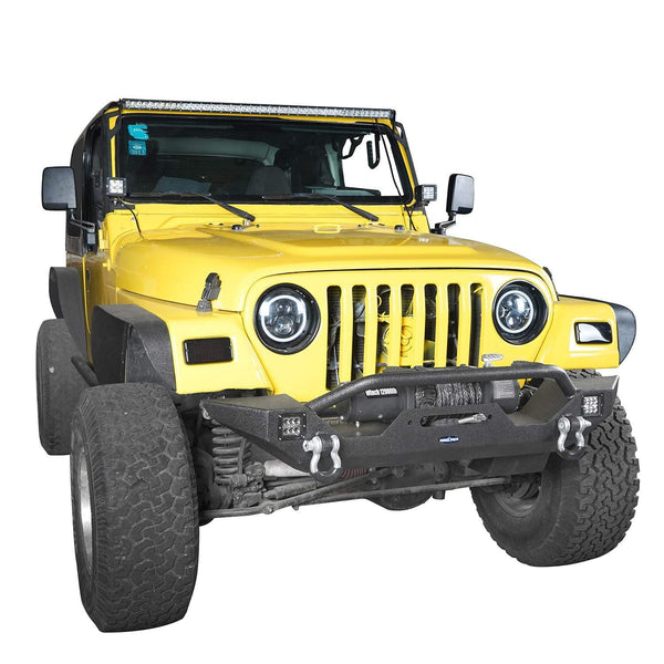 Hooke Road Jeep Wrangler Front Bumper w/Winch Plate & 2 x 18W LED Lights for 1997-2006 Wrangler TJ