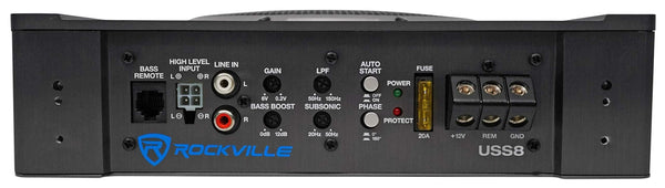 Rockville USS8 8" 600w Slim Under-Seat Powered Car/Truck Subwoofer Sub+Amp Kit