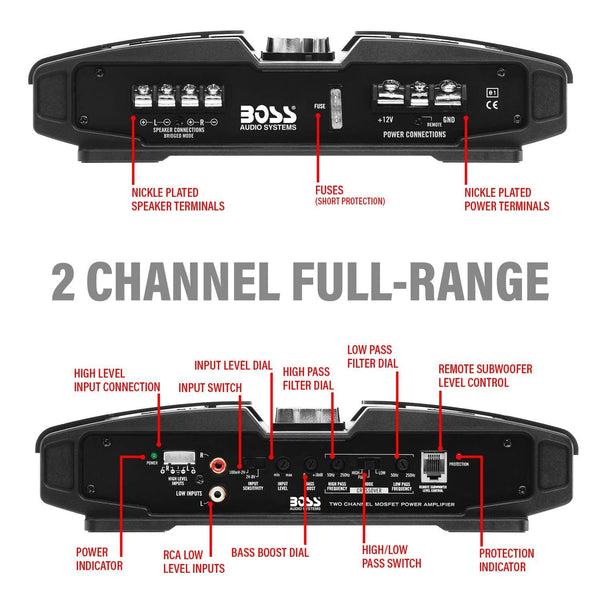 BOSS Audio PT1000 2 Channel Car Amplifier - 1000 Watts, Full Range, Class A/B, 2-8 Ohm Stable, Mosfet Power Supply, Bridgeable