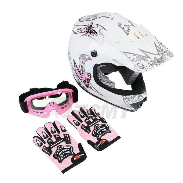 TCMT Dot Youth & Kids Motocross Offroad Street Helmet Pink Butterfly Motorcycle Youth Helmet Dirt Bike Motocross ATV Helmet+Goggles+Gloves L