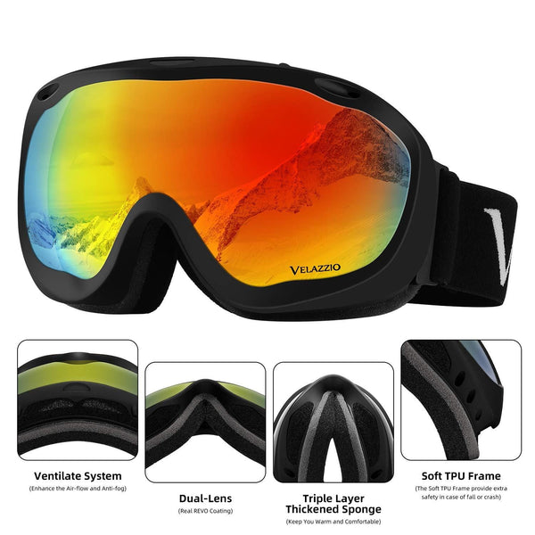 VELAZZIO Ski Goggles, Snowboard Goggles - Spherical Double Layer Anti-Fog 100% UV Protective Lens, Hydrophobic and Oleophobic Coating, Helmet Compatible, Medium Fit Snow Sports Goggles Men & Women