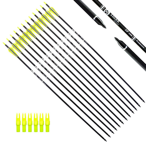 Tiger Archery 30Inch Carbon Arrow Practice Hunting Arrows with Removable Tips for Compound & Recurve Bow(Pack of 12) (Yellow White)