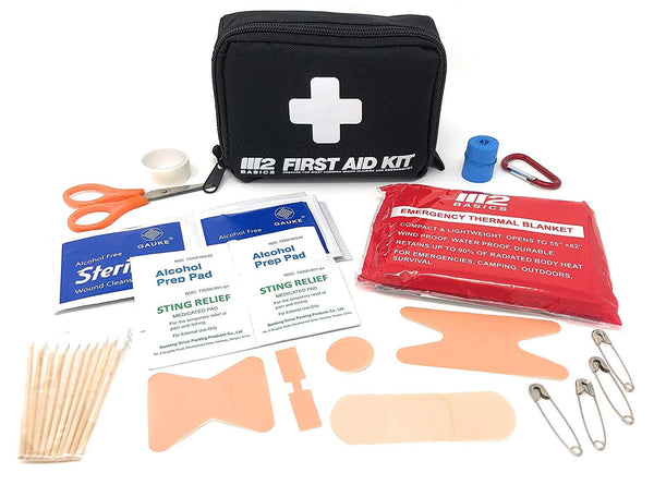 M2 BASICS 150 Piece First Aid Kit w/Compact Bag, Carabiner, Emergency Blanket | Free First Aid Guide | Emergency Medical Supply | Full of Supplies for Home, Office, Outdoors, Car, Camping, Travel