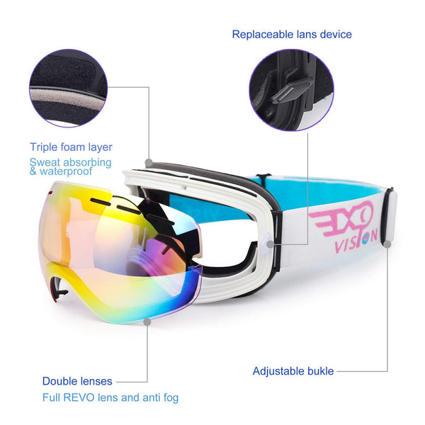 EXP VISION Snowboard Ski Goggles for Men Women and Youth, Over Glasses Skiing Snowboard Goggles with Anti Fog and UV400 Protection Dual Lenses Snow Goggles